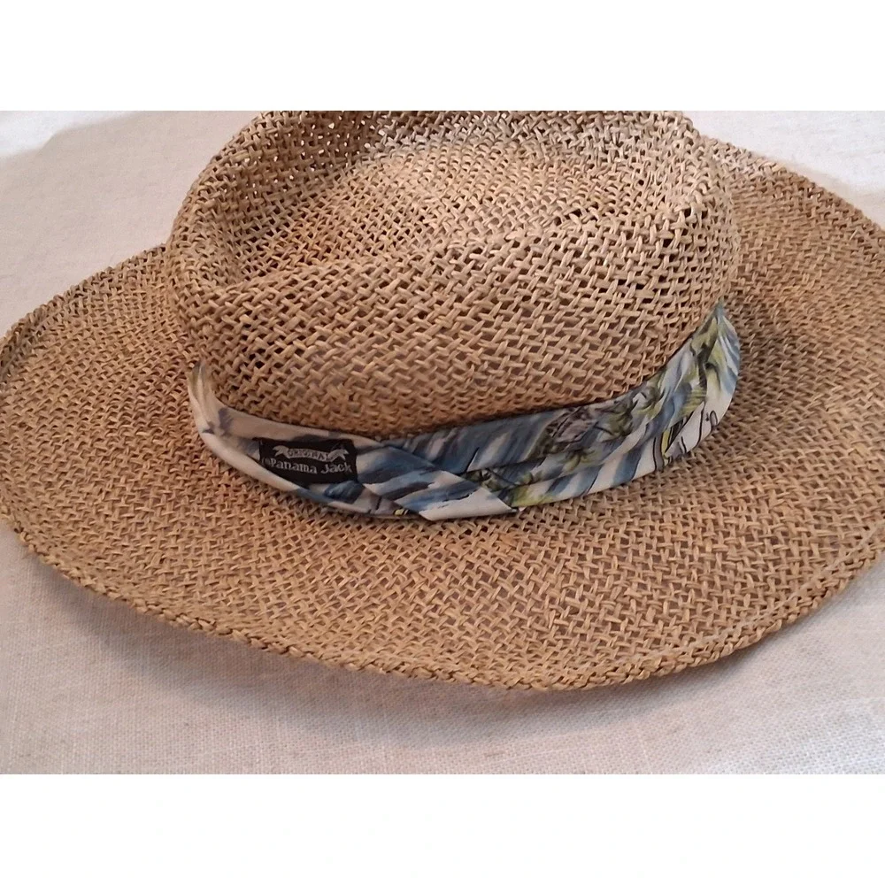 Panama Jack Straw Sun Hat Wide Brim Fedora Tropical Band Tan Small Medium USA